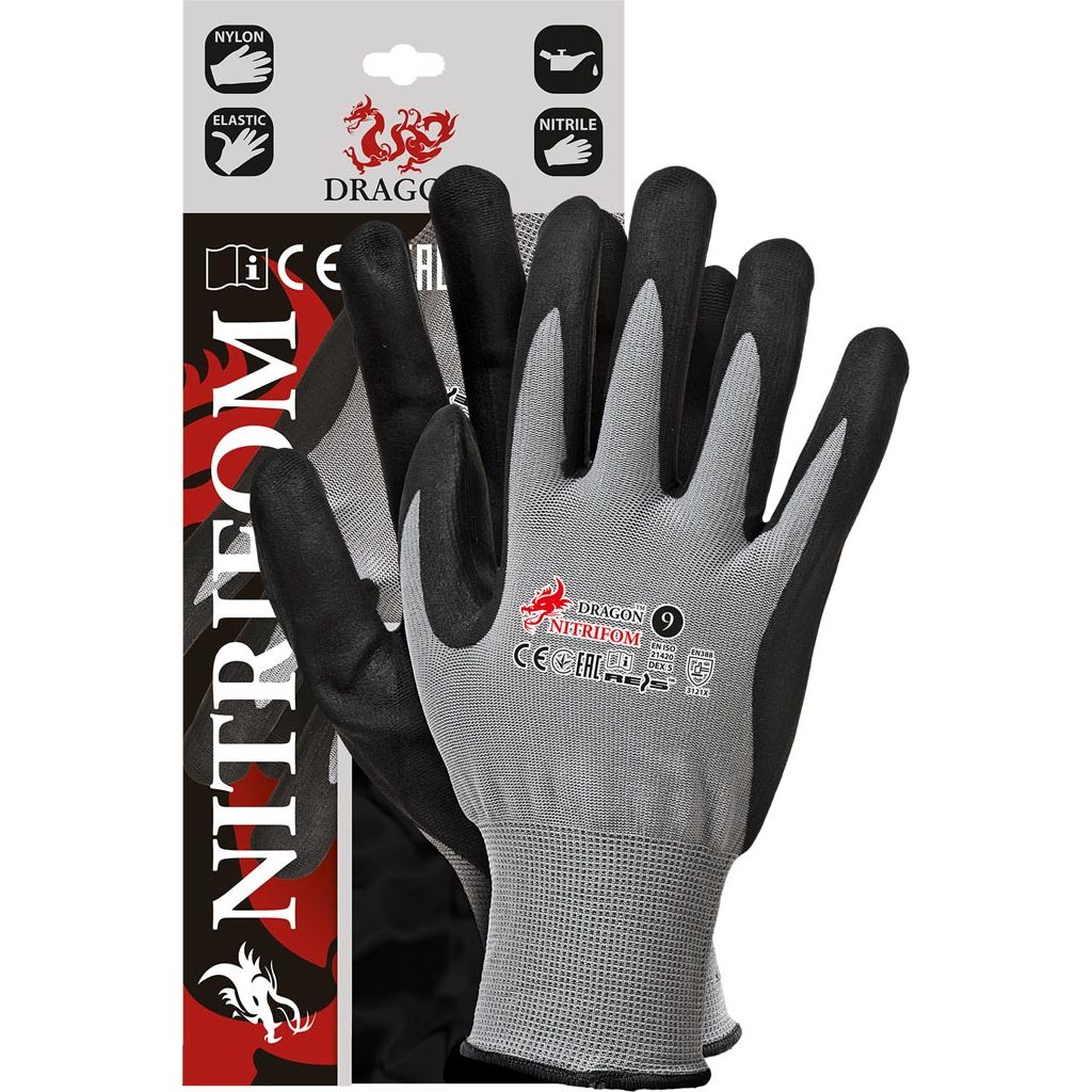 Rękawice ochronne Reis NITRIFOM – nitryl, EN 388, opak. 12 par Szaro-czarny