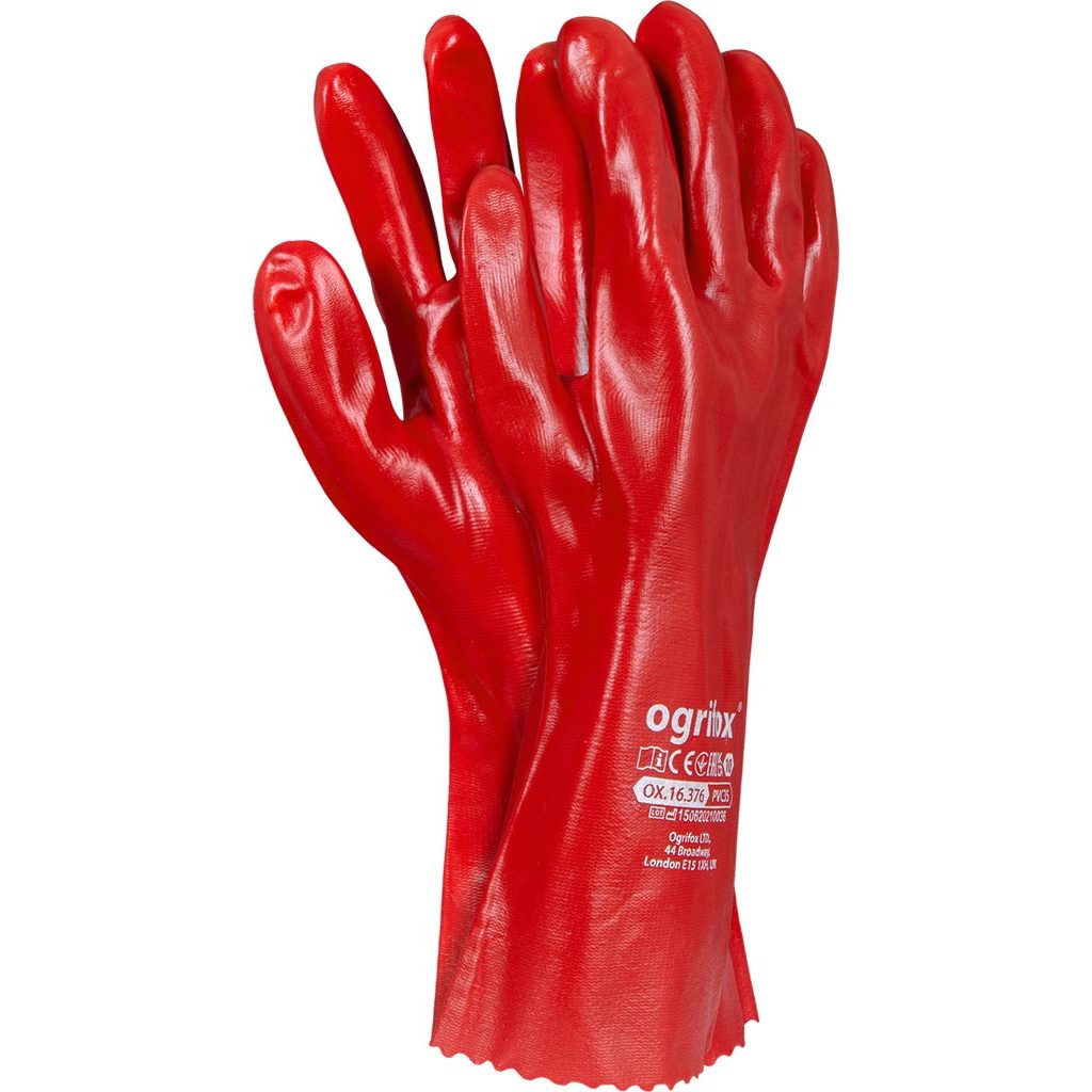 Rękawice ochronne Ogrifox OX-PVC35 OX.16.376 – PCV, opak. 60 par Czerwony