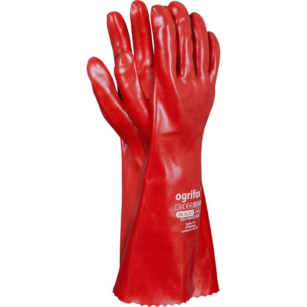 Rękawice ochronne Ogrifox OX-PVC40 OX.16.377 – PCV, opak. 60 par Czerwony